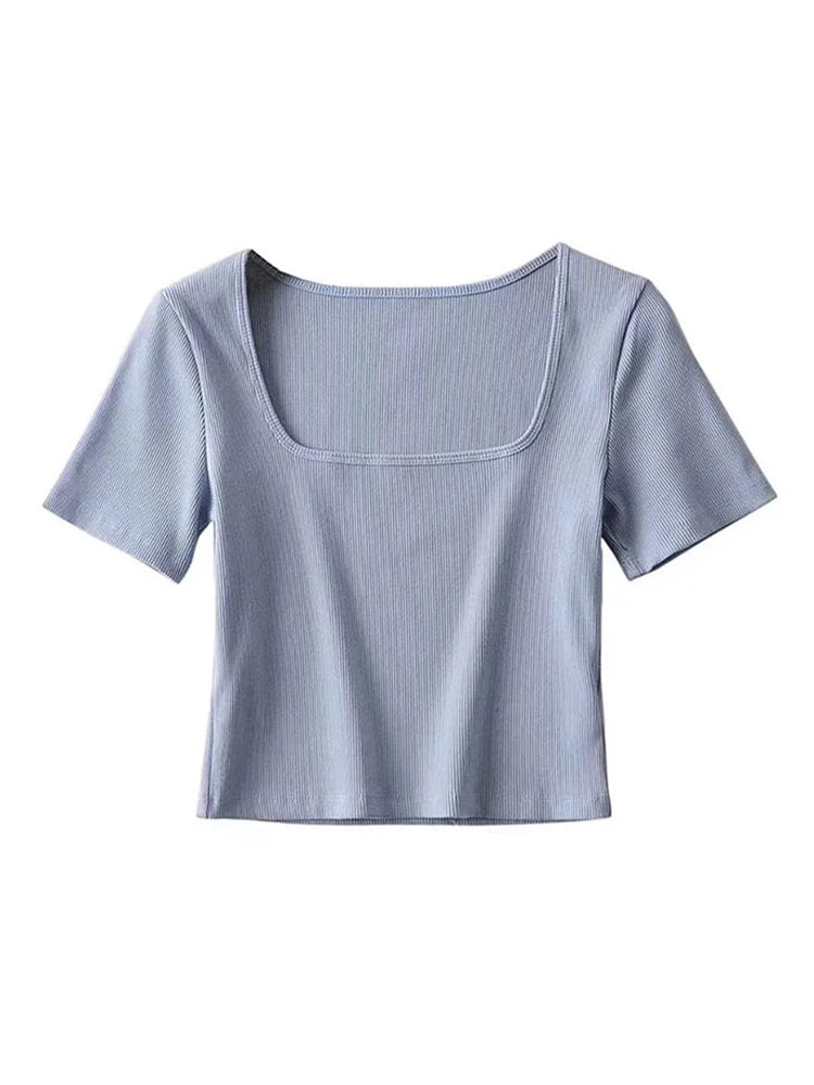 Square Neck Rib Crop T-shirt Short Sleeve Crop Top