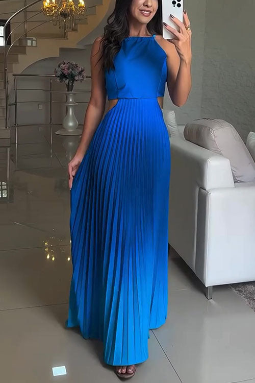 Moxidress Sleeveless Cut Out Back Lace-up Gradient Pleated Maxi Dress