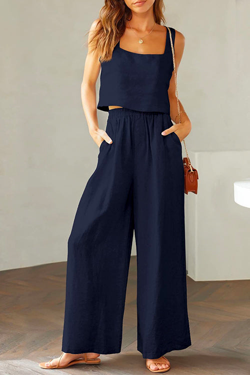 Square Collar Cami Crop Top Wide Leg Pants Cotton Linen Set