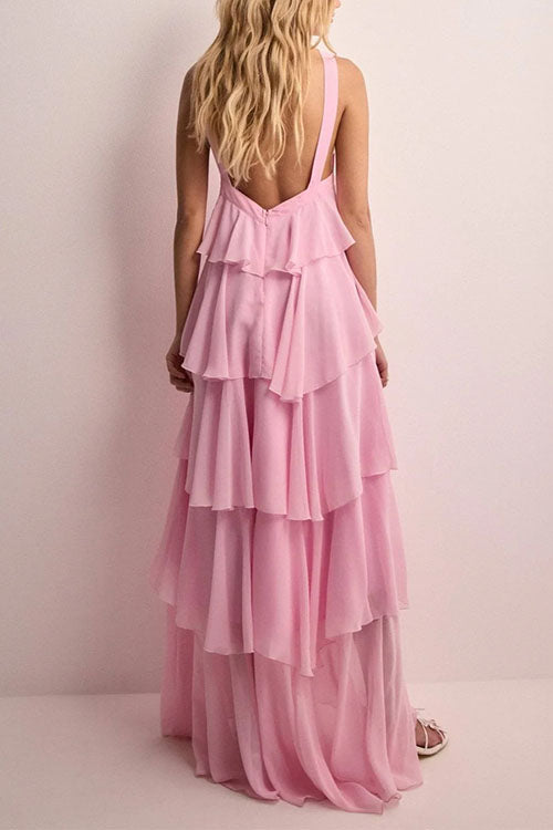 Moxidress Sleeveless Open Back Ruffle Layered Maxi Dress
