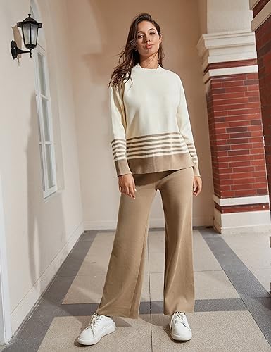 Khaki - Striped Half-turtleneck Sweater Two Piece Set