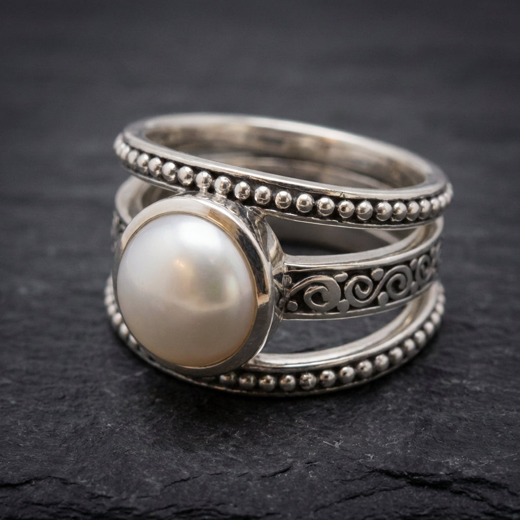 Vintage Layered Silver Pearl Ring