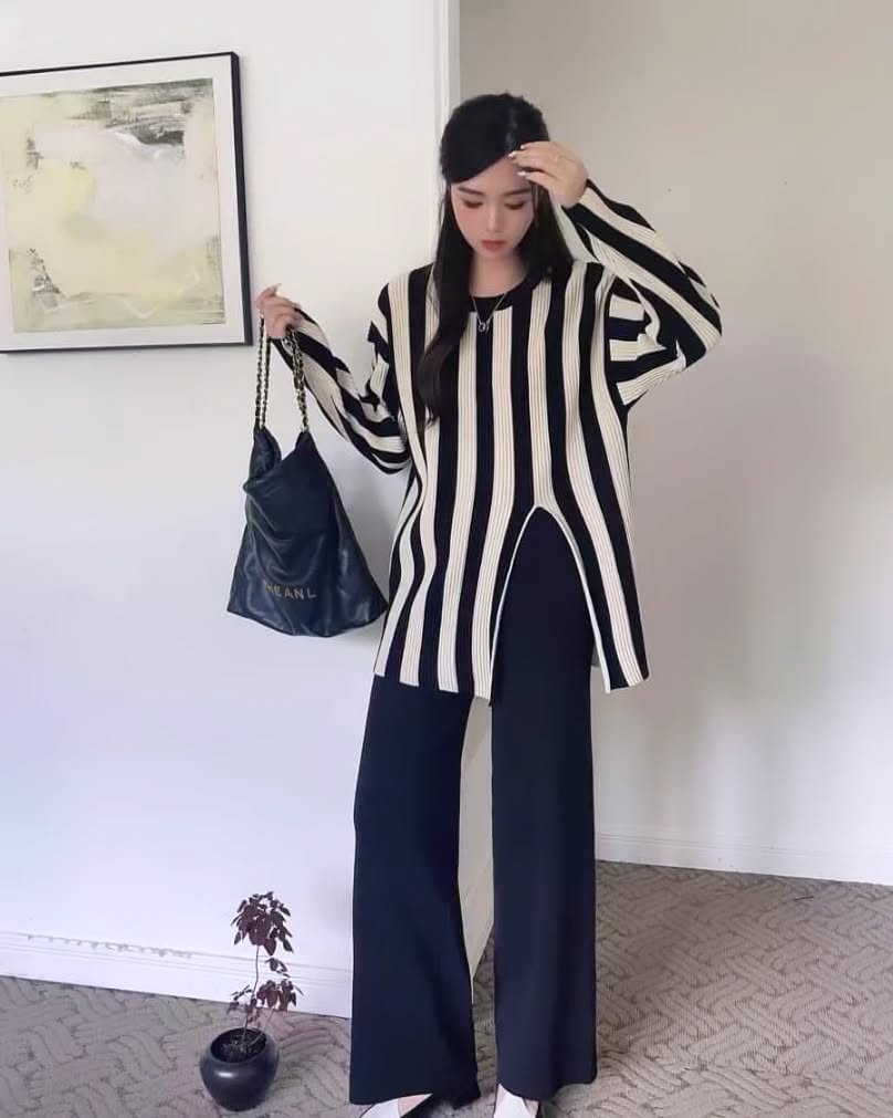 Black - Striped Split Hem Two Piece Set