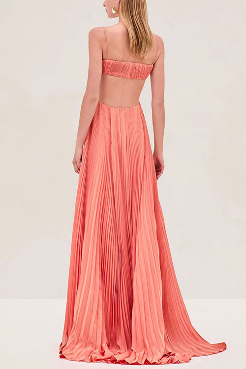 Moxidress Spaghetti Strap Back Cut Out Pleated Maxi Dress