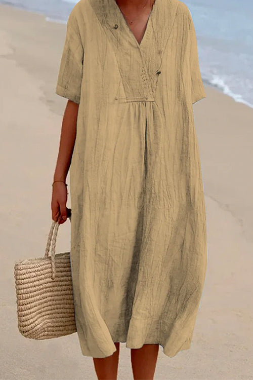 V Neck Short Sleeve Baggy Cotton Linen Midi Dress