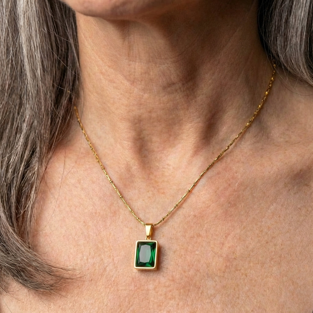 Vintage Green Cubic Zirconic Square Necklace