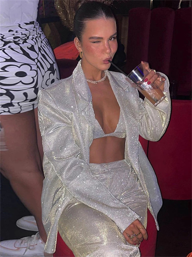 Glitter Silver Party Two Piece Pants Set Club Night Outfits Sparkly Blazer Matching Sets Femme Tracksuit