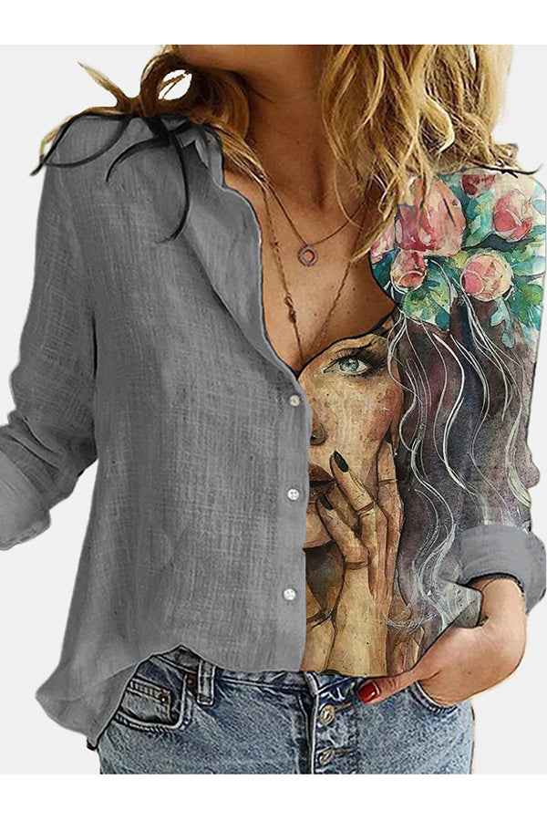 Figure Print Button Design Long Sleeve Blouse