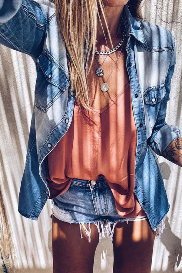 Say Yes to Washed Denim Pocketed Blouse