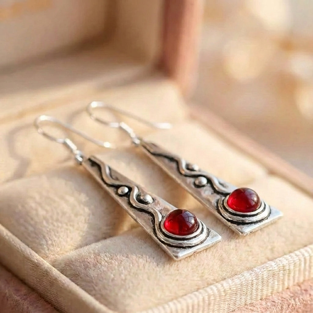 Artisan Silver Geometric Red Stone Earrings