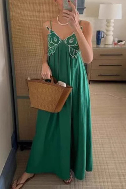 Moxidress Spaghetti Strap Twin Fish Embroidery Maxi Dress