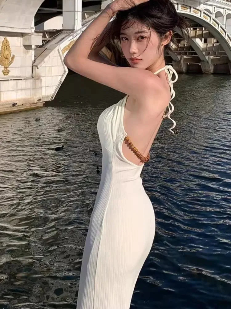 New Chinese Style Knitting Halter Long Dresses for Backless High Split Lace-up Summer Party Dress Prom Robe Vestidos