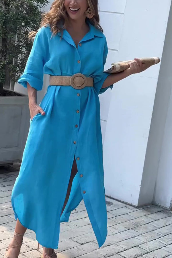 Linen Blend Color Long Sleeve Buttoned Loose Pockets Maxi Dress