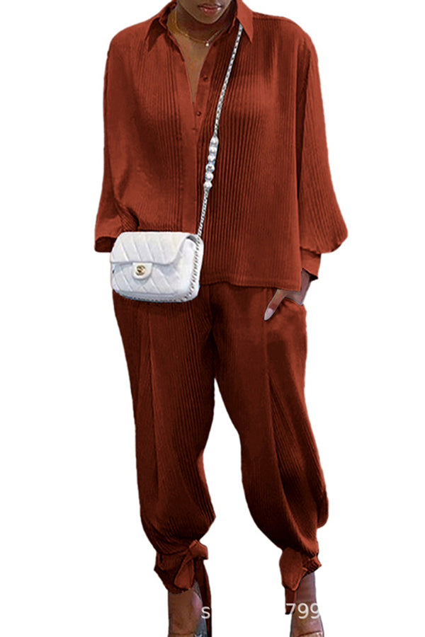 Shirt Collar Stripe Side Pocket Top Pant Set