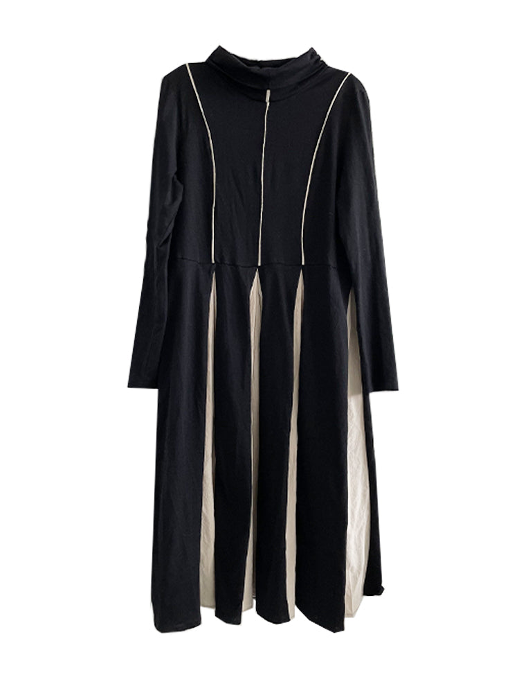 Original Contrast Color Split-joint High-neck Midi Dress