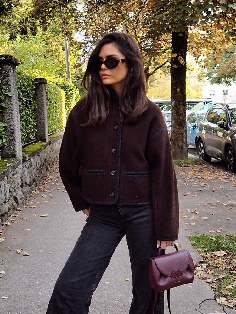 Retro Fall Winter Long Stand Single-breasted Loose Office Lady Coat