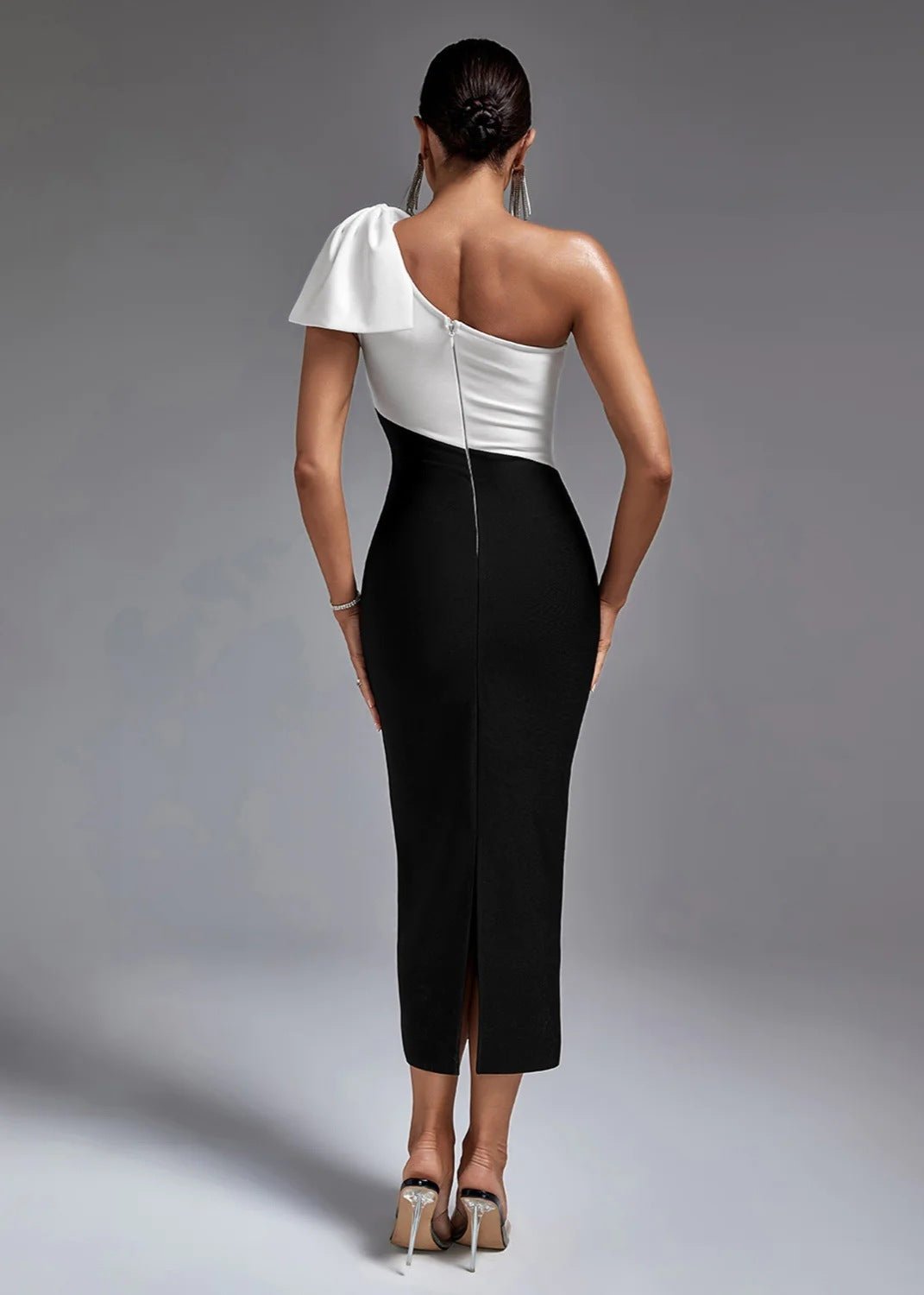 One-shoulder Bow Detail Colorblock Midi Dress