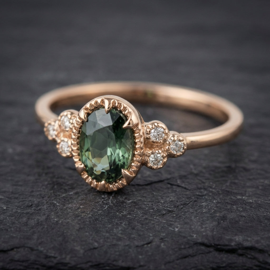 Vintage Green Inlaid Glass Gold Ring
