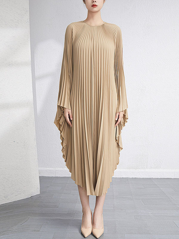 Urban Flared Batwing Sleeves Pleated Color Round-neck Midi Dresses