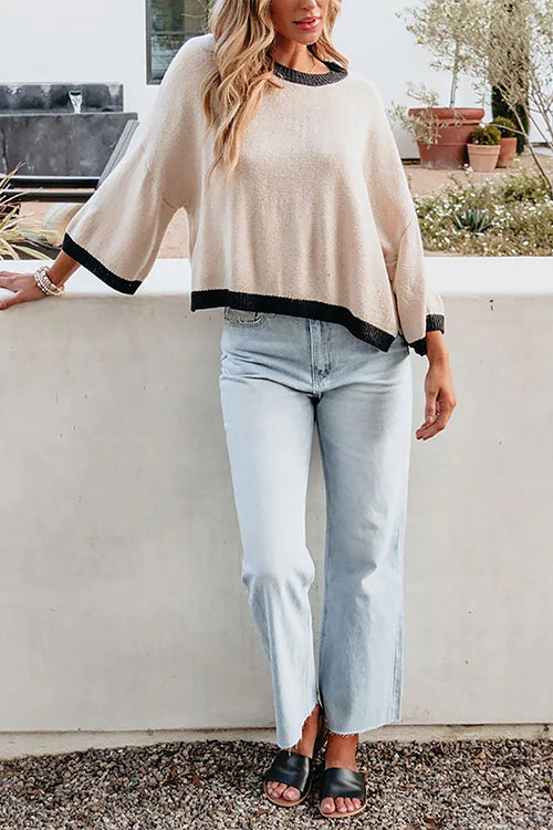 Crewneck Drop Shoulder Color Block Knit Sweater