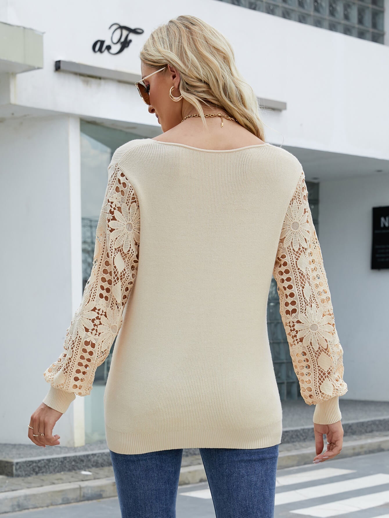 Notepad Embroidered Lace Sleeve Knit Sweater - Beige