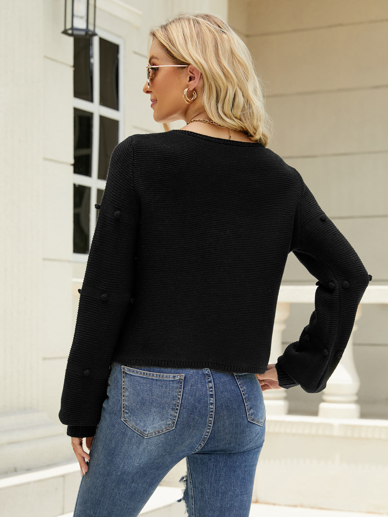 Ariana Pop Pom Knit Sweater - Black