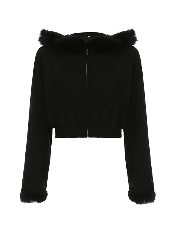 Y2k Black Versatile Color Corduroy Plush Cardigan