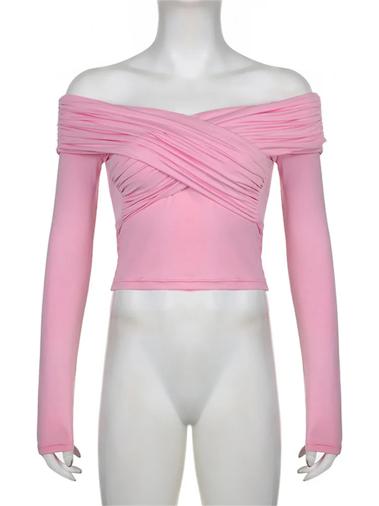 V-neck Summer Patchwork T-shirt Cropped Top for Mesh Long Sleeve Off-shoulder Female Y2k Top Tee