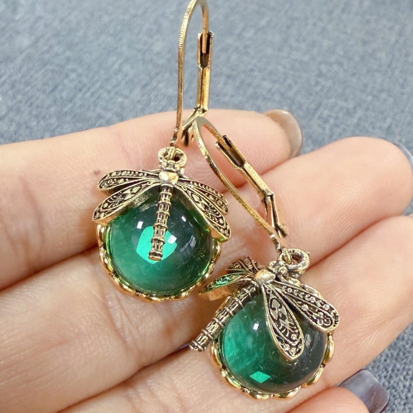 Vintage Emerald Dragonfly Earrings