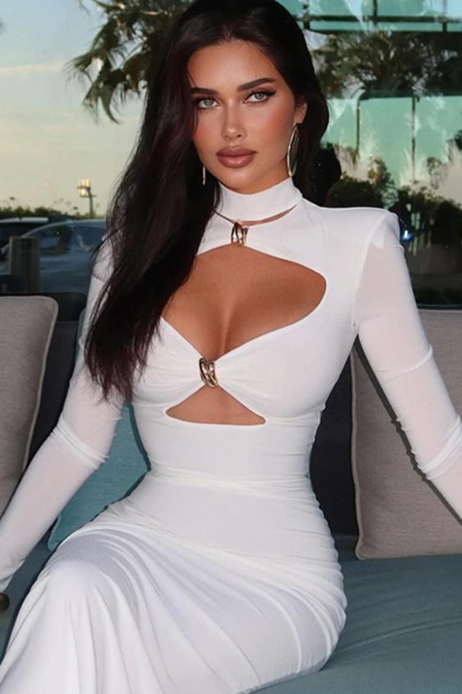 Minimalist Cutout Metal Embellished Fitted Maxi Dress