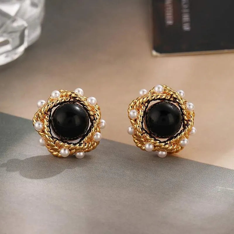 Vintage Pearl Onyx Earrings