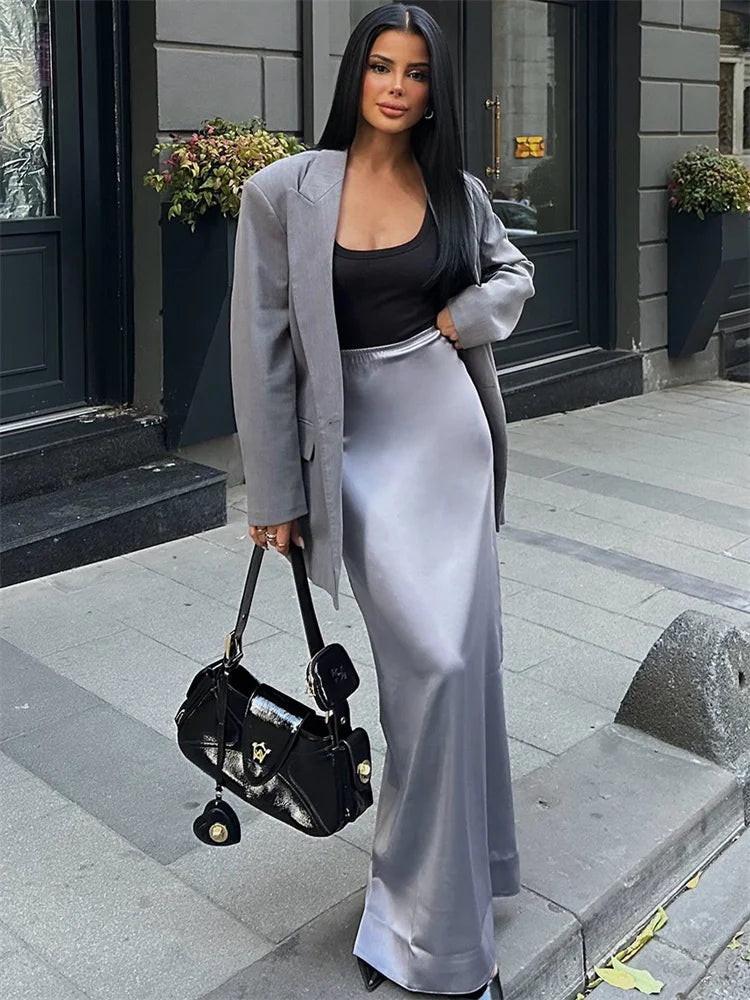 High Waist Long Skirt Slim Patchwork Y2k Maxi Skirt Autumn Satin Maxi Skirt