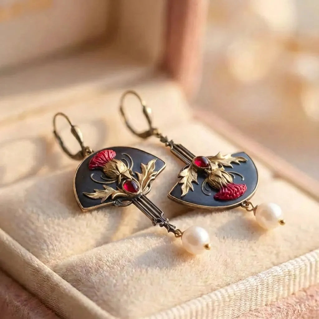 Boho Earrings With Pearls And Red Crystal