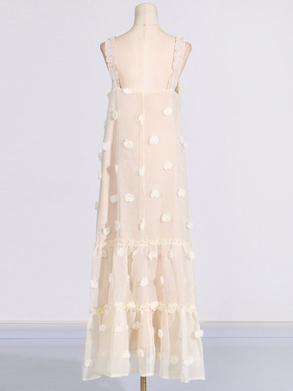 A-line High Waisted Layered Pleated Split-joint Three-dimensional Flower Spaghetti-neck Maxi Dresses