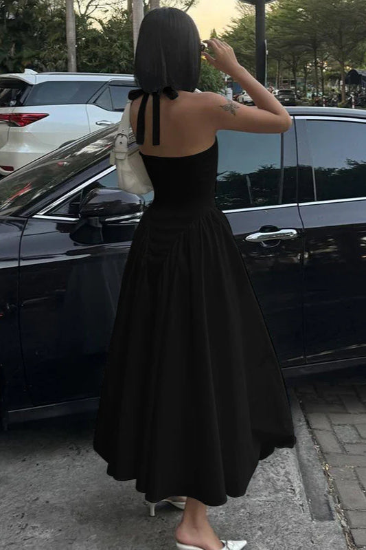 Silky Hollow V-neck Flowy Pendulum Maxi Dress