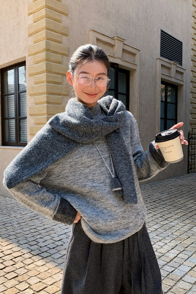 Color-block Mock Neck Loose Lazy-style Knit Sweater