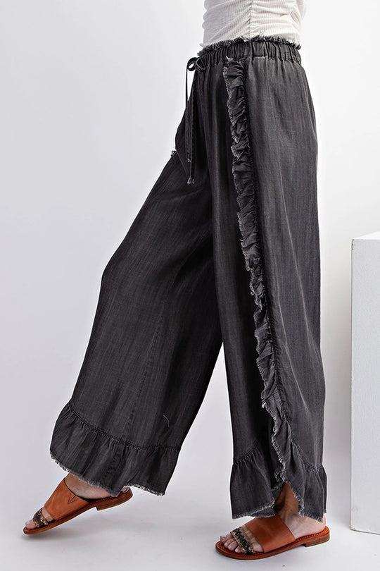 Color Ruffled Elastic Waist Tie Loose Denim Flared Pants