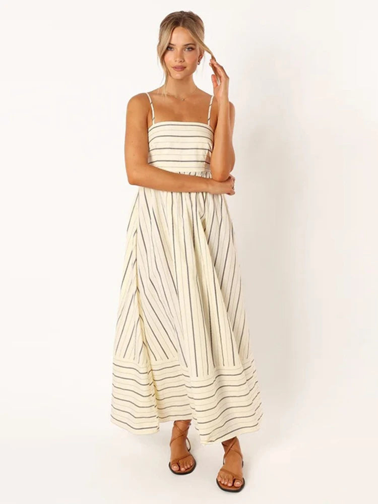 Blackless Stripe Slip Maxi Dress New Suspender Beach Dress Female Sleeveless Holiday Party Vestidos
