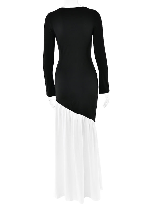 Bodycon High Waisted Contrast Color Pleated Split-joint Round-neck Maxi Dresses