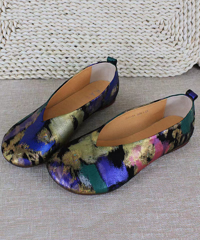 Handmade Style Lavender Printed Genuine Leather Flats Shoes