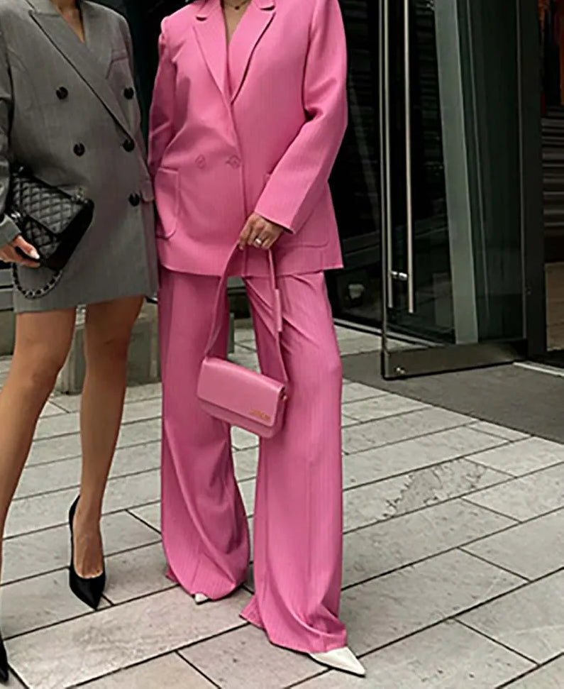 Pink Print Pockets Blazer Trousers Office Two Piece Set