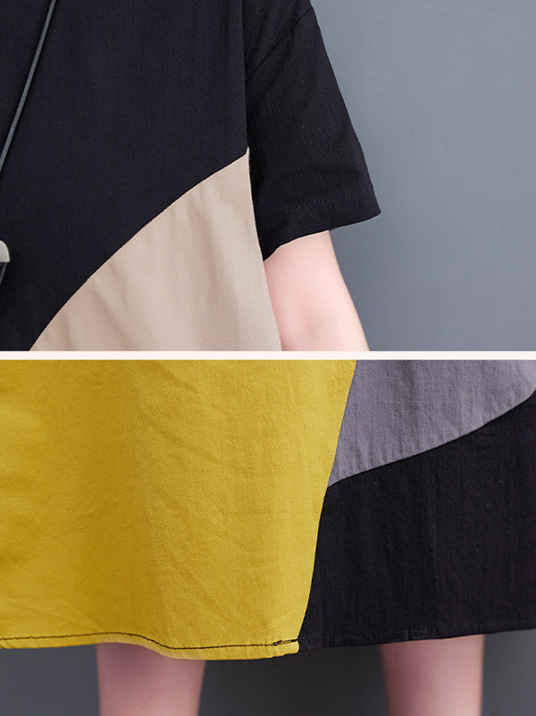 Loose Oversize Color-block Contrast Color Split-joint Lapel Midi Dresses Shirt Dress
