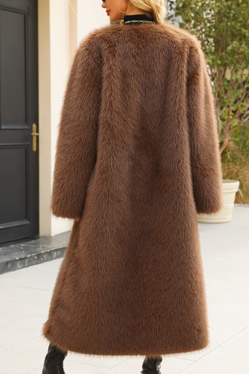 Plush Faux Fur V-neck Long Overcoat
