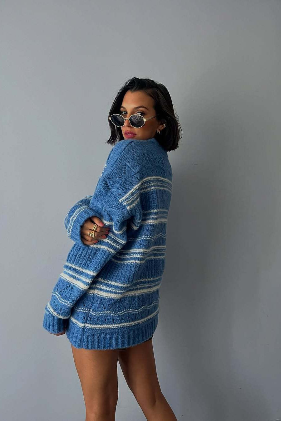 Thick Striped Knit Crew Neck Sweater