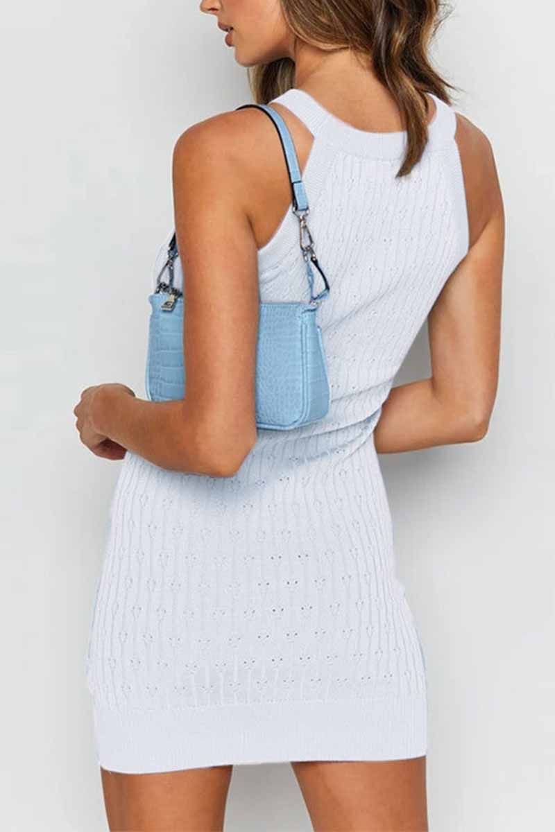 Color Sleeveless Striped Knitted Bag Hip Mini Dress