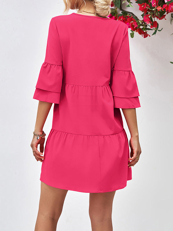 Flared Sleeves Half Sleeves Color V-neck Mini Dresses