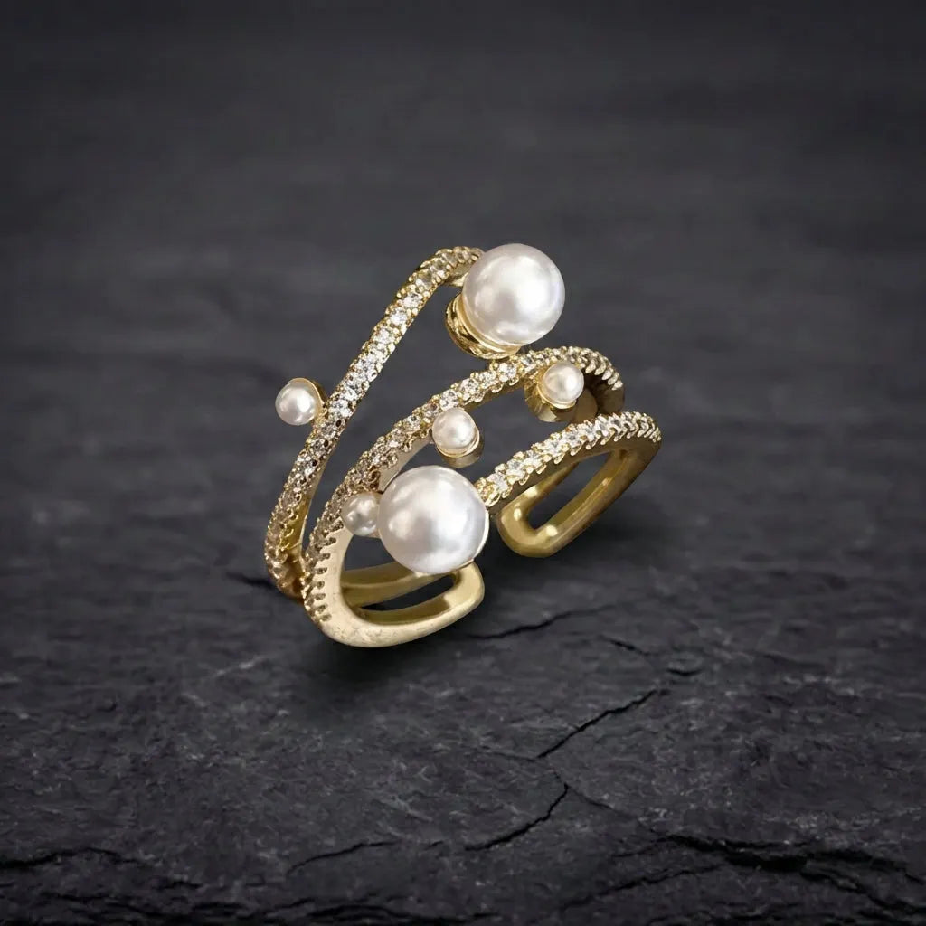 Exquisite Three Layer Pearl Gold Adjustable Ring