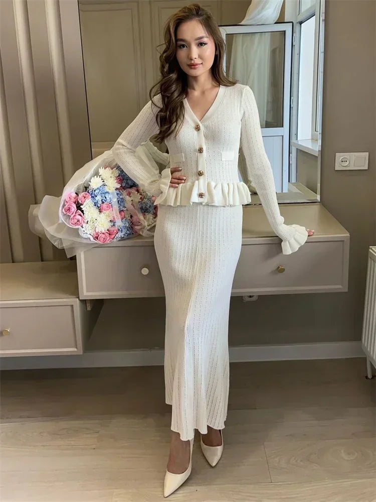 Ruffled Knit Maxi Dress ’s 2 Piece-set V-neck Hollow Out Patchwork Party Dress Female Knitwear Dress