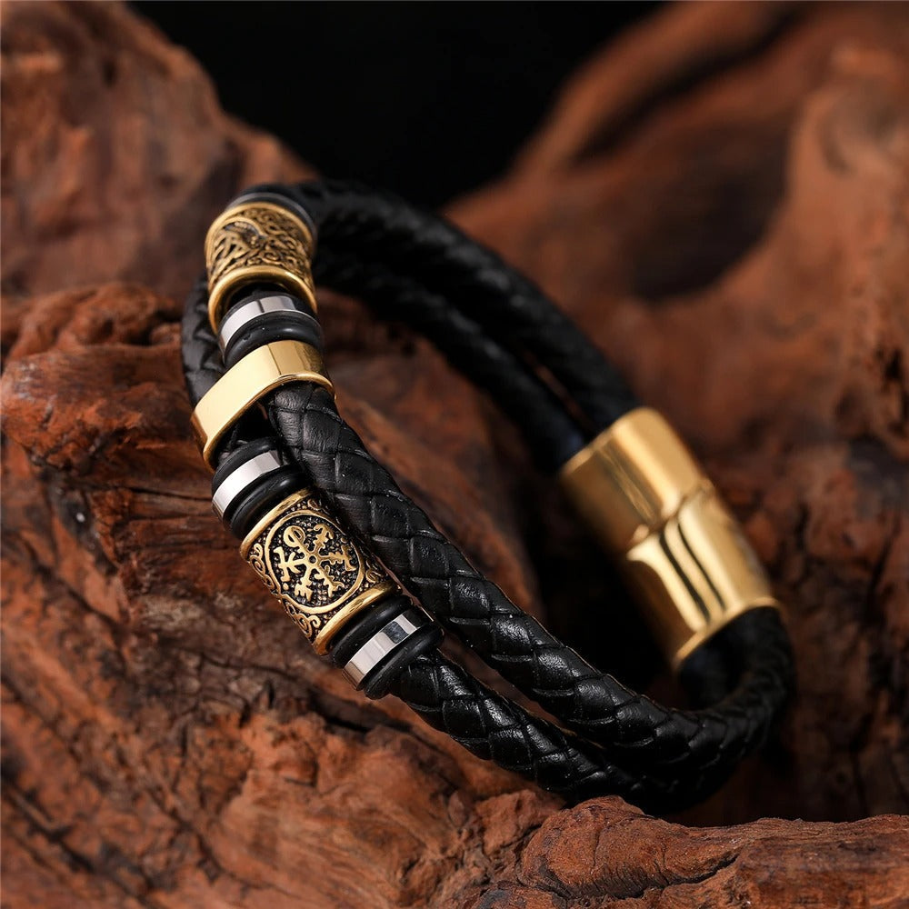 Black Woven Leather & Gold Charm