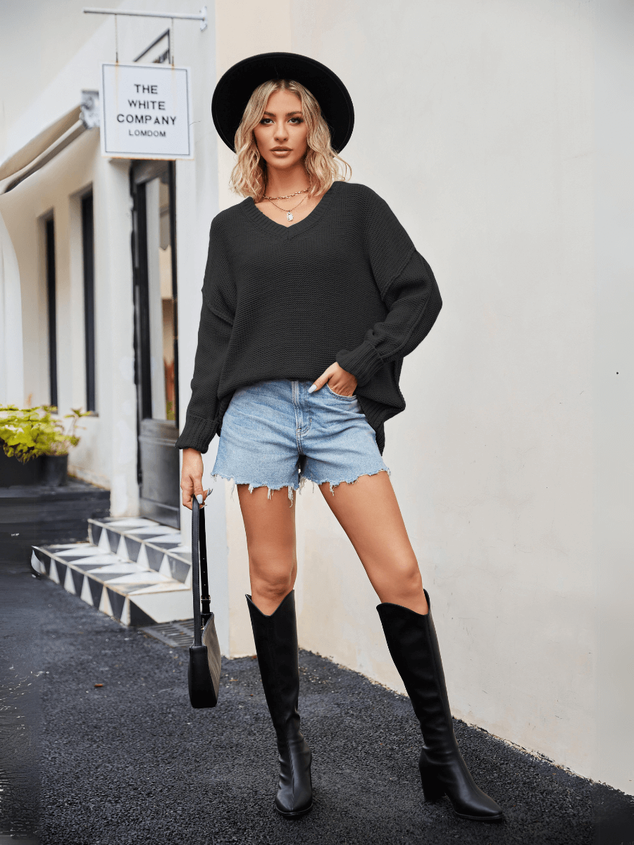Hughes Heart Neck Knit Sweater - Black